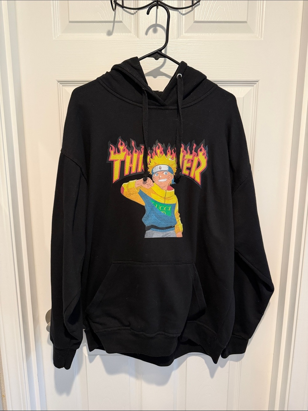 Black Graphic Hoodie with Flame Logo and Naruto Cartoon Character